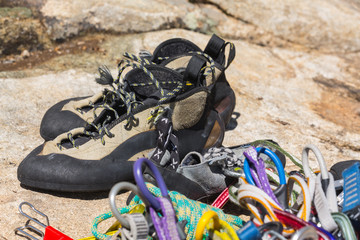 Close up of rubber climbing shoe on rock