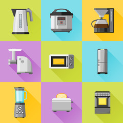 Set of household appliances flat icons. Coffee maker, kettle, multicooker, microwave oven, refrigerator, stove, meat grinder, blender, toaster