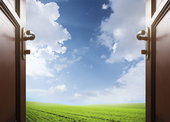 room with open door to the meadow with green grass and glue sky