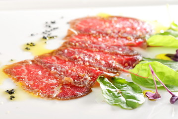 Fine dining, Kobe Beef carpaccio with black salt