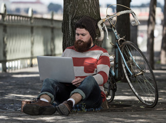 Handsome big moustache hipster man in the city