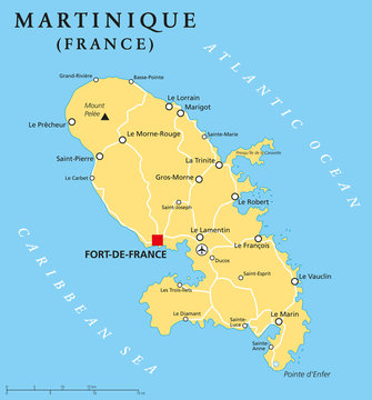 Martinique political map with capital Fort-de-France and important places. Overseas region of France in the Lesser Antilles region of the Caribbean Sea. English labeling and scaling. Illustration.
