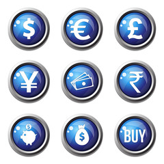Currency Sign Blue Vector Button Icon Design Set