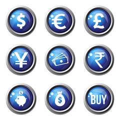 Currency Sign Blue Vector Button Icon Design Set