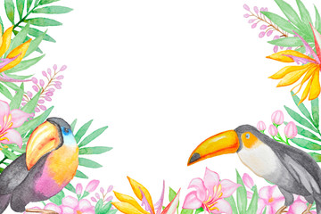 Watercolor background with tropical birds