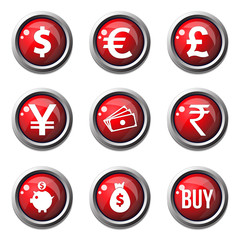 Currency Sign Red Vector Button Icon Design Set