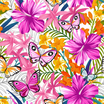 Seamless exotic pattern with tropical leaves, flowers and butterflies. Blooming jungle. Vector illustration.