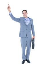  Cheerful businessman raising his hand