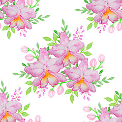 Watercolor seamless pattern with pink orchids