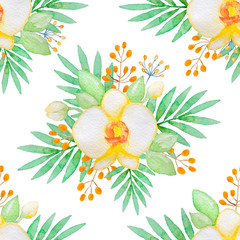 Watercolor seamless pattern with yellow orchids