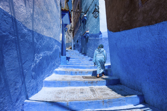 Stairway and wall in medina of chefchaouen, morocco