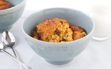 Fresh baked Rice Pudding with raisins and cinnamon. 