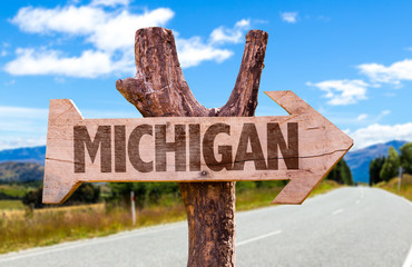 Michigan wooden sign with road background