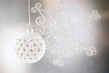 Christmas Ornaments on silver background. 