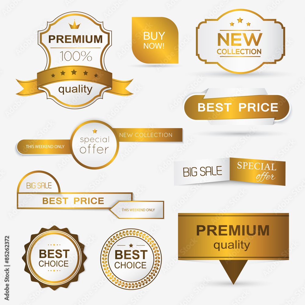 Wall mural collection of golden premium promo seals/stickers.