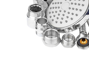 Plumbing fitting, hosepipe and showerhead, isolated on white background