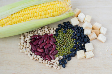Cereal grains , seeds, beans on wooden For health