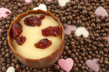 Smooth milk chocolate with an aromatic cherry brandy truffle center, decorated with sweetened dried cranberry pieces. Chocolate balls and small sugar hearts as background