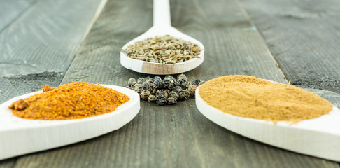 Close up of various powder spices on wooden spoons