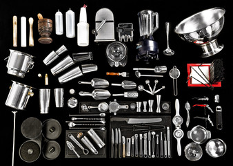 Equipment for bar tending on black background