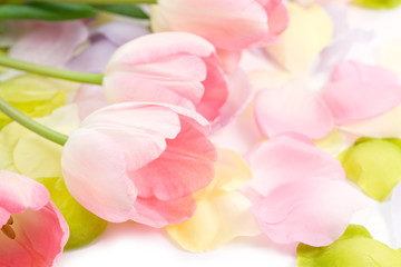 Obraz na płótnie Canvas Easter Flowers - Pink Tulips and silk petals. 