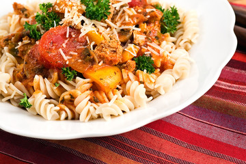 Fresh vegetables, fusilli pasta & tomato meat sauce