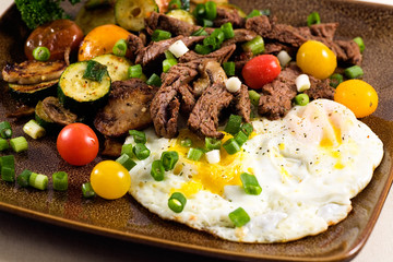 Steak & Eggs for dinner with grilled zucchini, mushrooms, fresh cherry tomatoes and spring onions. 