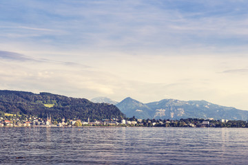 Cityscape of Bregenz and Constance Lake - Bodensee. Rerto filter.