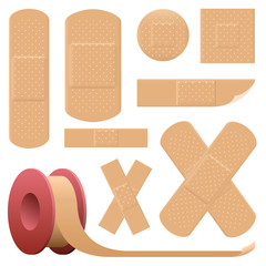 Plaster collection - various realistic looking adhesive bandages - very detailed, such as three-dimensional holes of breathable fabric. Isolated vector illustration on white background.