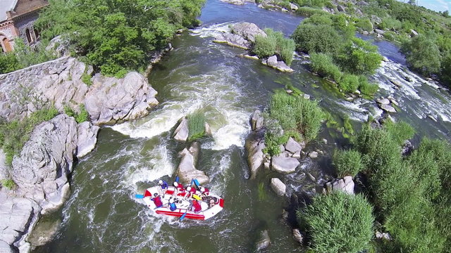 
River and tourists with boats   rafting. Aerial  top view
