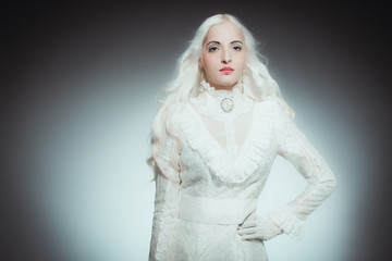 Portrait of Woman Dressed in White Victorian Gown