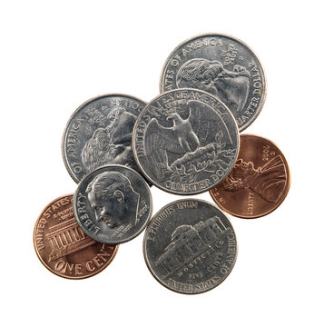 Spare Change, US coins, nickel, dime, pennies and quarters. Isolated on white. 