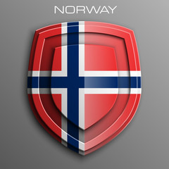 Obraz premium Kingdom of Norway Flag on a Shiny Shield, Vector Illustration isolate on Grey Background