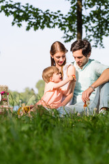 Familie beim Picknick am See auf Wiese