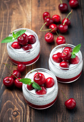 Chia seeds yogurt pudding, jelly and fresh sweet cherries in jar, selective focus