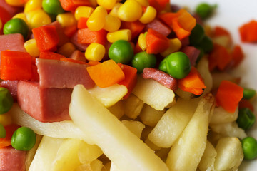 cooked food, French fries and vegetables detail