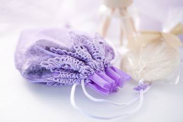 Lavender Sachet, scented reed diffuser and loofah. 