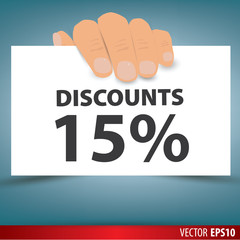 Hand holding white paper, a discount of 15 percent. Vector.