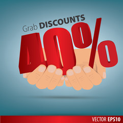 Grab discounts. Hands hold 40 percent discount. vector banner di