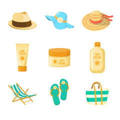 Sun creams. Hats. Beach accessroies.