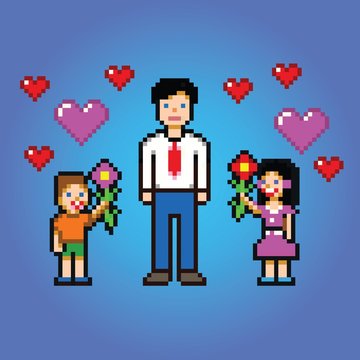 little kids gives daddy flowers - pixel art style vector