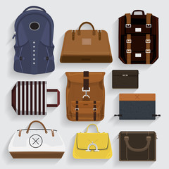 Graphic Set bags leather , fabric, folder in vector style.
