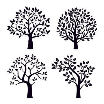 Black vector trees with leafs.
