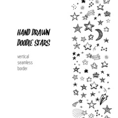 Fototapeta na wymiar Hand drawn doodle stars, vertical seamless border. Creative background.