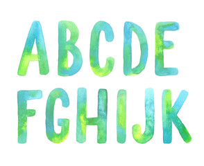 Hand painted green watercolor alphabet. Letters A-K.