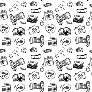 Hand drawn vector photography doodles seamless pattern.