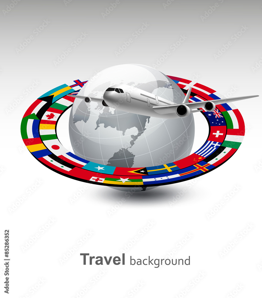 Canvas Prints travel background. globe with a plane and a strip of flags. vect