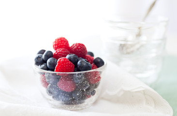 Fresh Berries for Dessert, Blueberries and Raspberries. 