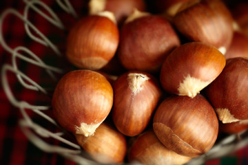 Chestnuts in wire basket. 