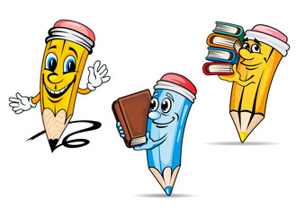 Pencils with books cartoon characters